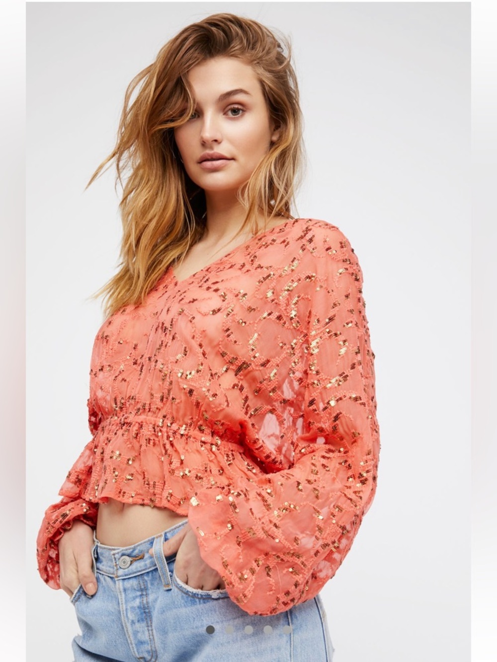 Free People Coral Sequin V-Neck Blouse